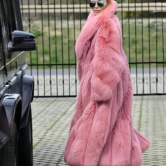 Pink Casual Womens Luxurious Waterfall Neckline Flowy  Faux Fur Long Jacket Coat - Picture 7 of 8